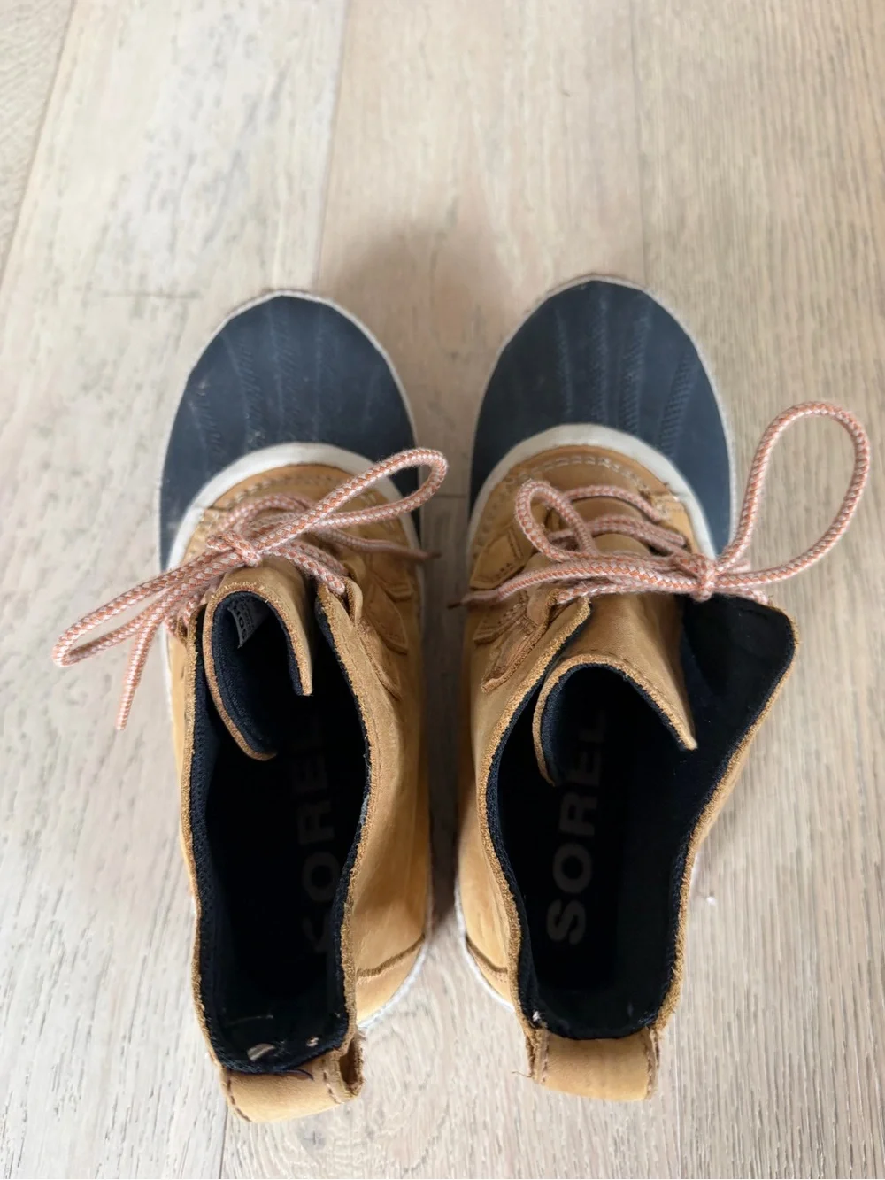 Sorel Kids Tan and Black Waterproof Lace-Up Duck Boots